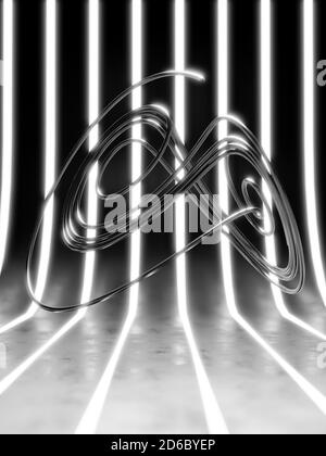 ambiente a strisce in bianco e nero futuristico 3d con forma a nodo matematico in metallo argento, illustrazione 3d Foto Stock