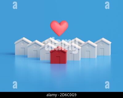 Case bianche e una rossa con cuore. Proprietà calda tra gli altri, casa rossa tra il bianco. Molte case uno è rosso, amato concetto di casa di famiglia, 3d Foto Stock