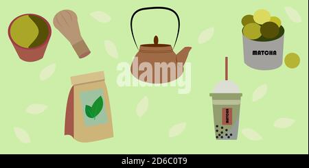 Insieme vettoriale con una ragazza che beve il tè della partita. Cerimonia del tè Illustrazione Vettoriale