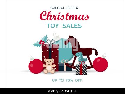 Grande vendita di Natale di giocattoli per bambini. Sconti del Black Friday per un sito Web, un negozio o un'app con prodotti per bambini. Banner luminoso per le feste con treno, caminetto, dolci, giocattoli, palloncini di Natale e regali luminosi. Banner per un annuncio, un volantino o un opuscolo. Negozio online con consegna a domicilio. Illustrazione Vettoriale