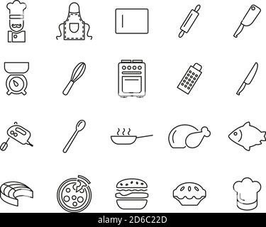 Cucina o Chef Black & White Thin Line Set Big Illustrazione Vettoriale