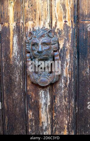 battente vintage a forma di leone una vecchia porta Foto Stock