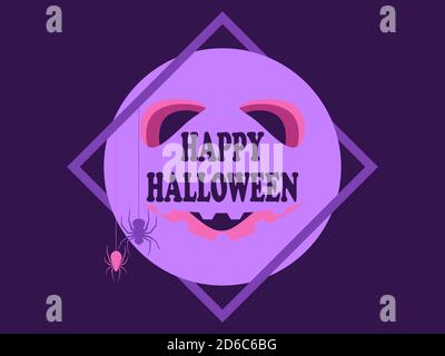 Felice Halloween. Banner di testo con ragni appesi su ciottoli e cornice. Design del biglietto d'auguri. Illustrazione vettoriale Illustrazione Vettoriale