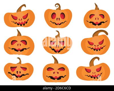 Zucche per Halloween insieme isolato su sfondo bianco. Zucche spaventose e sorridenti. Illustrazione vettoriale Illustrazione Vettoriale