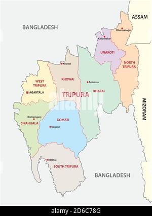 Mappa vettoriale amministrativa e politica di Tripura, india Illustrazione Vettoriale