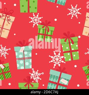 Natale presenta un motivo senza giunture, scatole diverse con nastri. Illustrazione vettoriale in stile piatto Illustrazione Vettoriale