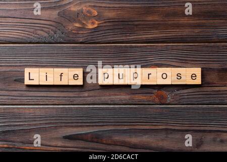 parola di scopo di vita scritta su blocco di legno. testo di scopo di vita su tabella di cemento per il vostro desing, concetto. Foto Stock