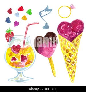 Set di illustrazioni per il giorno di San Valentino. Acquerello disegnato a mano. Icecream, cocktail, anello, cuori colorati. Adesivi, design per biglietti d'auguri, inviti Foto Stock