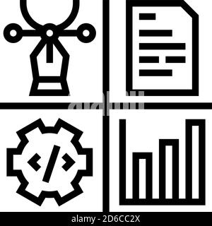 illustrazione vettoriale delle icone delle linee di lavoro di progettazione, programmazione, gestione dei contenuti e analisi Illustrazione Vettoriale