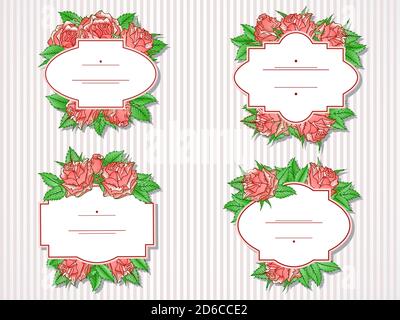 Serie vettoriale di etichette con rose e foglie disegnate a mano. Nei colori rosso e verde. Gradiente utilizzato. Illustrazione Vettoriale