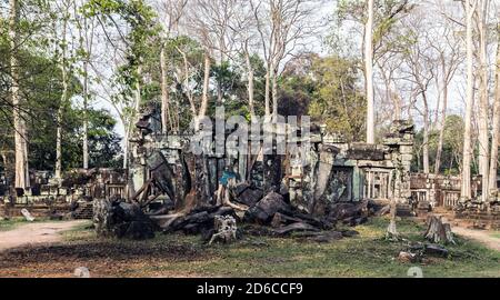 Tempio indù Prasat Krahom a Koh Ker. Paesaggio archeologico di Koh Ker, Cambogia nord-occidentale. Artefakt archeologia Moss sulla pietra arenaria in mattoni Foto Stock