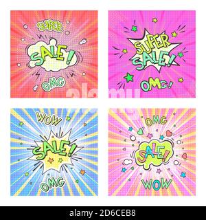 Insieme di quattro schede di arte pop di pubblicità in stile comico retrò. Bolla vocale con la VENDITA di testo! E adesivi WOW, OMG, SUPER. Sfondo vettoriale. Illustrazione Vettoriale