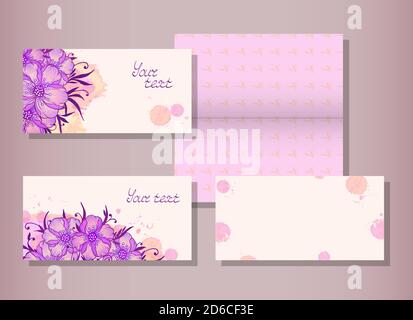 Serie vettoriale di inviti a modelli o biglietti d'auguri con fiori disegnati a mano ed elementi acquerelli. Collezione di modelli in colore rosa. Illustrazione Vettoriale