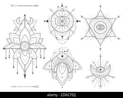 Insieme vettoriale di simboli geometrici e naturali sacri su sfondo bianco. Collezione di segni mistici astratti. Forme lineari nere. Per voi disegno o moder Illustrazione Vettoriale