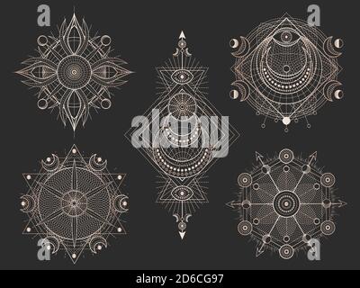 Insieme vettoriale di simboli geometrici sacri e figure su sfondo nero. Collezione di segni mistici astratti. Forme lineari in oro. Per il design o la magia Illustrazione Vettoriale