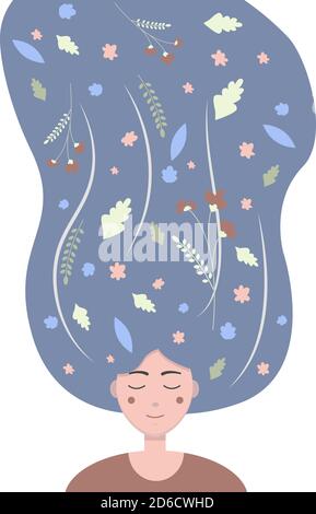 Illustrazione piatta di una ragazza con fiori e foglie nei suoi lunghi capelli scuri. Carino vettore immagine di una giovane ragazza con occhi chiusi, sognando di fiori e l'estate. Illustrazione astratta in colori pastello. Illustrazione Vettoriale