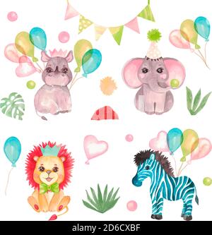 Safari Animali festa di compleanno. Set di elementi di progettazione per bambini per inviti, biglietti, biglietti d'auguri Illustrazione Vettoriale