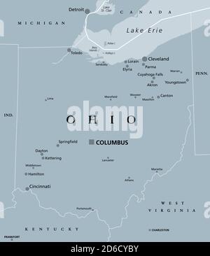 Ohio, OH, mappa politica grigia. Stato nella regione centro-orientale del centro-nord degli Stati Uniti del Midwest. Capitale Columbus. Stato Buckeye. Foto Stock