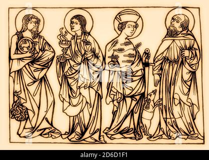 San Sebastiano, Giovanni Evangelista, Antonio il Grande, incisione in legno, 1420 Foto Stock