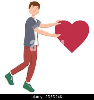 Ragazzo che tiene grande cuore. Carattere maschile in stile cartoon. Illustrazione Vettoriale