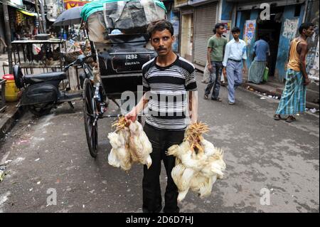 17.07.2011, Kolkata, Bengala Occidentale, India - UN uomo tiene nelle sue mani diversi polli vivi in un mercato di strada, che carica per il trasporto. 0SL11071 Foto Stock