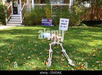 Scheletro di Halloween con un contenitore di disinfettante in un giardino anteriore a Evanston, un sobborgo di Chicago, Illinois, Stati Uniti Foto Stock