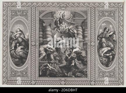 James i nominò Carlo come Re di Scozia al centro, Minerva che spinse l'ignoranza a destra, ed Ercole che batte l'invidia a sinistra, 1720. Foto Stock