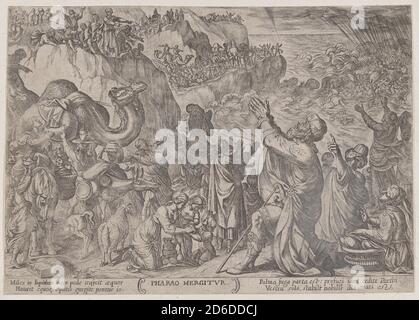 Piastra 8: Gli Egiziani che annegano nel Mar Rosso, da 'le battaglie dell'Antico Testamento', ca. 1590-ca. 1610. Foto Stock