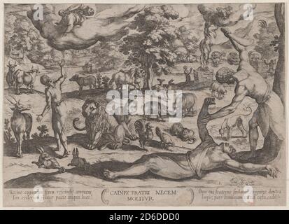 Piatto 1: Caino uccidendo Abele, da 'le battaglie dell'Antico Testamento', ca. 1590-ca. 1610. Foto Stock