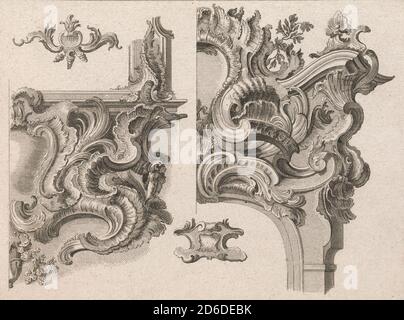 Suggerimento per la decorazione in basso a destra e in alto a destra di un telaio di altare, piatto 2 di una serie senza titolo con ornamenti a rocailles per altare e telai di porte, stampato ca. 1750-56. Foto Stock