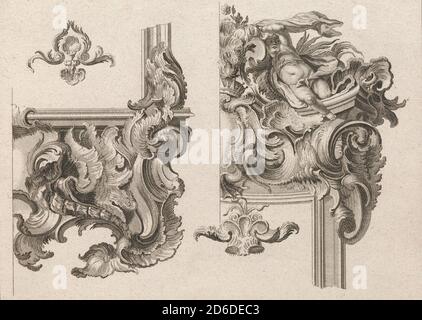 Suggerimento per la decorazione in basso a destra e in alto a destra di un telaio di altare, piastra 3 di una serie senza titolo con ornamenti a rocailles per altare e telai di porte, stampato ca. 1750-56. Foto Stock