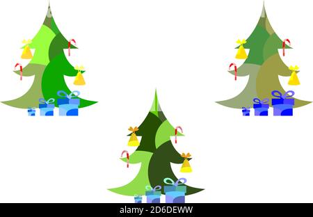 Set di tre alberi di Capodanno e di Natale macchiati con canna da zucchero, abete, albero di natale e campane Illustrazione Vettoriale