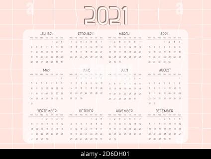 Carino calendario delle date rosa da gennaio a dicembre da lunedì A Domenica per 2021 anni Illustrazione Vettoriale