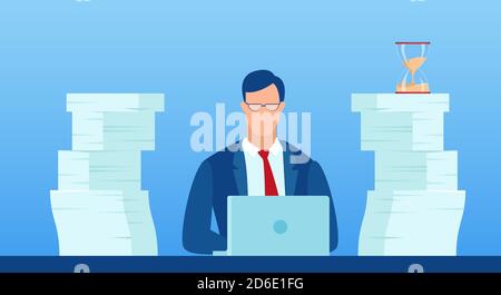 Vettore di un uomo d'affari occupato che lavora alla sua scrivania ha fatto pressione per scadenza Illustrazione Vettoriale
