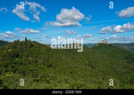 Castello di Trifels, rovine del Castello di Anebos, rovine del Castello di Scharfenberg, Annweiler am Trifels, Foresta di Palatinato, Palatinato, Renania-Palatinato, Germania Foto Stock