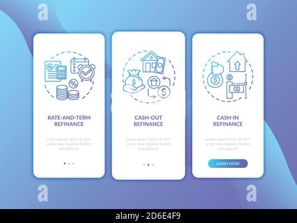 Tipi di rifinanziamento ipotecario onboarding pagina app mobile con concetti Illustrazione Vettoriale