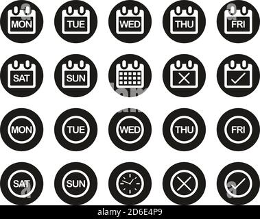 Days of the Week Icons White su Black Flat Design Cerchio Set Grande Illustrazione Vettoriale