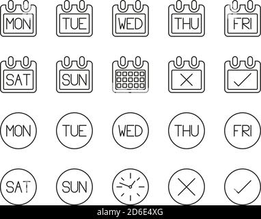 Giorni della settimana icone in bianco e nero sottile linea Imposta grande Illustrazione Vettoriale