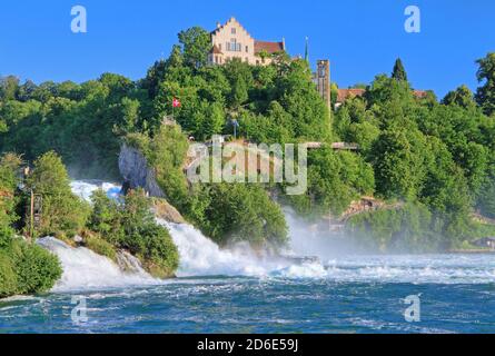 Cascate del Reno vicino a Sciaffusa con il Castello di Laufen, Neuhausen am Rheinfall, Reno, Valle del Reno, Canton Sciaffusa, Svizzera Foto Stock