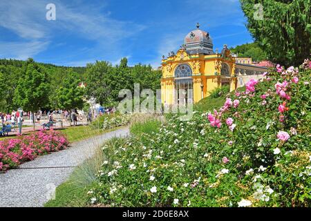 I confini dei fiori nella zona termale con colonnato, Marienbad, triangolo termale, Boemia, Repubblica Ceca Foto Stock