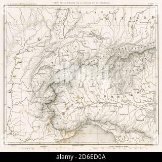 Antica mappa in francese del 1859 incisa, carte de la Souabe de la Suisse et du Piémont, che mostra le Alpi e i paesi di Francia, Germania, Italia e Svizzera. FONTE: INCISIONE ORIGINALE Foto Stock