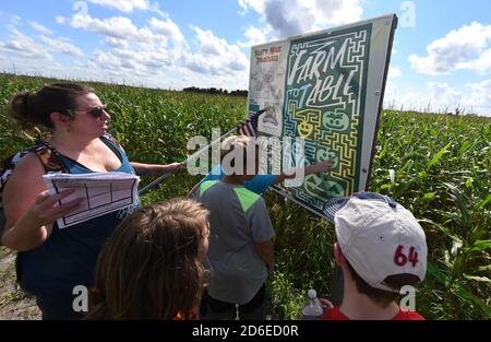 Mt. Dora, Stati Uniti. 15 Ott 2020. 15 ottobre 2020 - Mt. Dora, Florida, Stati Uniti - la gente naviga il labirinto annuale di mais autunnale a Long e Scott Farms il 15 ottobre 2020 a Mt. Dora, Florida. Il tema di questo labirinto di yearÕs 6 acri, che è aperto con la distanza sociale durante la pandemia del coronavirus, è 'Farm to Table'. Credit: Paul Hennessy/Alamy Live News Foto Stock