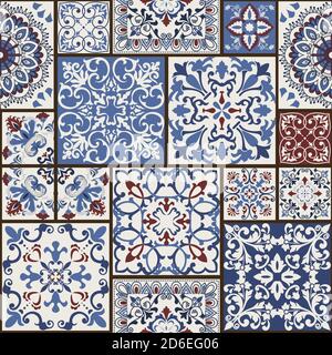 Piastrelle in mosaico senza cuciture con motivi islamici, arabi, indiani, ottomani. Piastrelle in ceramica maiolica. Decorazioni in portoghese e Spagna. Piastrelle in ceramica in stile talavera. Illustrazione Vettoriale