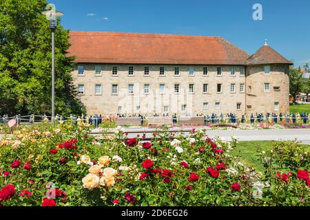 Vista dal giardino di rose all'installazione di Otmar Hörl, 500 volte Gottlieb Daimler nel giardino del palazzo di fronte al palazzo, Schorndorf, Schurwald, Baden-Württemberg, Germania Foto Stock