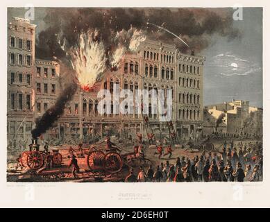 Great Fire su Lake Street, tra Market e Franklin Street, Chicago, Illinois, 1866. Foto Stock