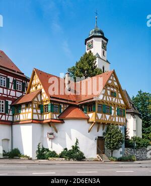 Germania, Baden-Württemberg, Laichingen, il museo della tessitura e della storia locale si trova nell'ex Casa Santa. Questo apparteneva al castello della chiesa, una fortificazione del 1555 intorno alla chiesa di San Alban. Foto Stock