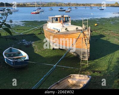 Il tradizionale linker-bullt 1950 scialuppa di quercia ora uno yacht a motore Il litorale nel porto di Chichester in corso di restauro Foto Stock