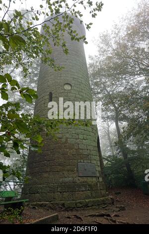 La torre di Rapunzel si trova in questa foresta magica. È una mattina nebbiosa all'inizio dell'autunno. Foto Stock