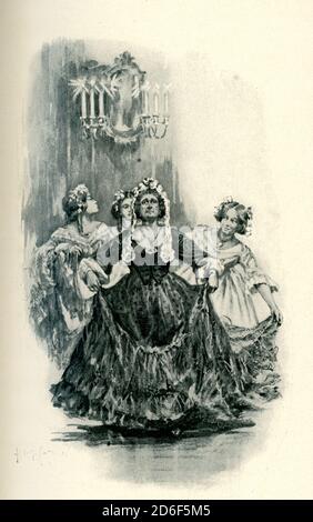 La didascalia del 1906 di questa illustrazione delle Barchester Towers di Anthony Trollope recita: [signora e tre figlie] hanno lasciato le sale di accoglienza in modo non del tutto privo di dignità. Anthony Trollope (1815 – 1882) è stato un . Barchester Towers, pubblicato nel 1857 da Trollope, è il secondo romanzo della sua serie noto come "le Cronache di Barsetshire". Tra le altre cose satirizza l'antipatia nella Chiesa d'Inghilterra tra l'alta Chiesa e gli aderenti evangelici. Trollope iniziò a scrivere questo libro nel 1855. Tra i suoi più noti wor Foto Stock