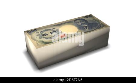 Illustrazione 3D dello sfondo delle pile di bollette yen giapponesi Foto Stock